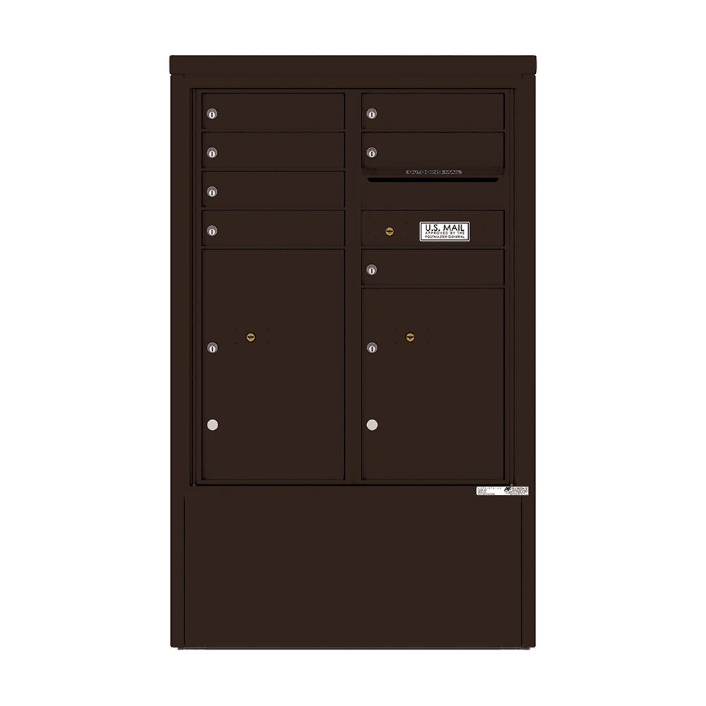Dark brown multi-unit mailbox with several compartments and a U.S. Mail label.