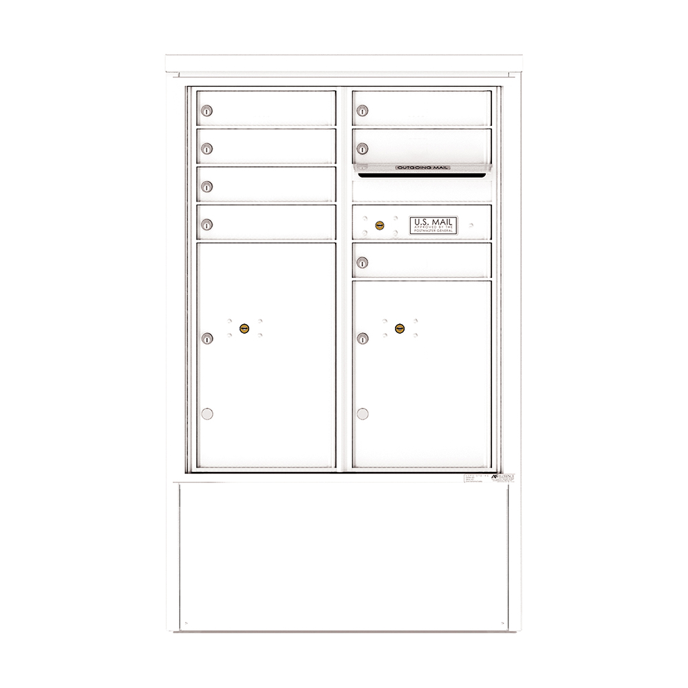 White multi-unit mailbox with parcel lockers and mail slots.