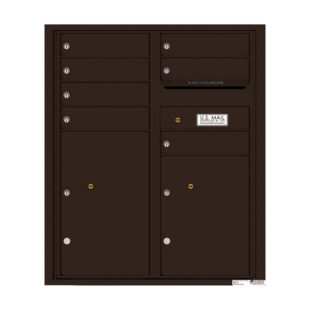 Dark brown wall-mounted USPS-approved mailbox with multiple compartments and locks.