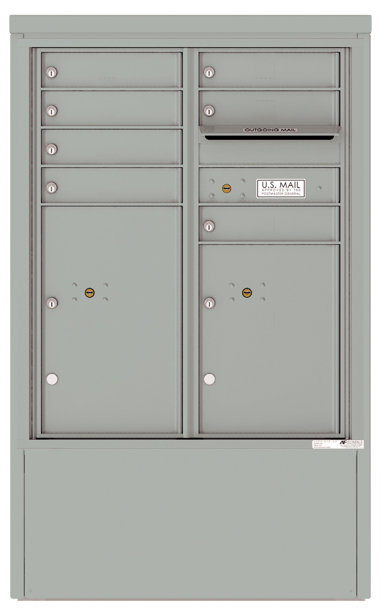 Gray metal cluster mailbox unit with multiple compartments and an outgoing mail slot.