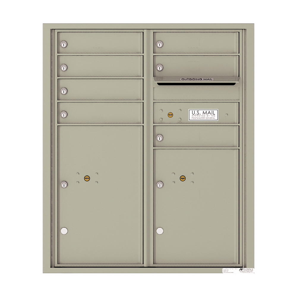 Tan wall-mounted U.S. Mail cluster mailbox with multiple compartments and outgoing mail slot.