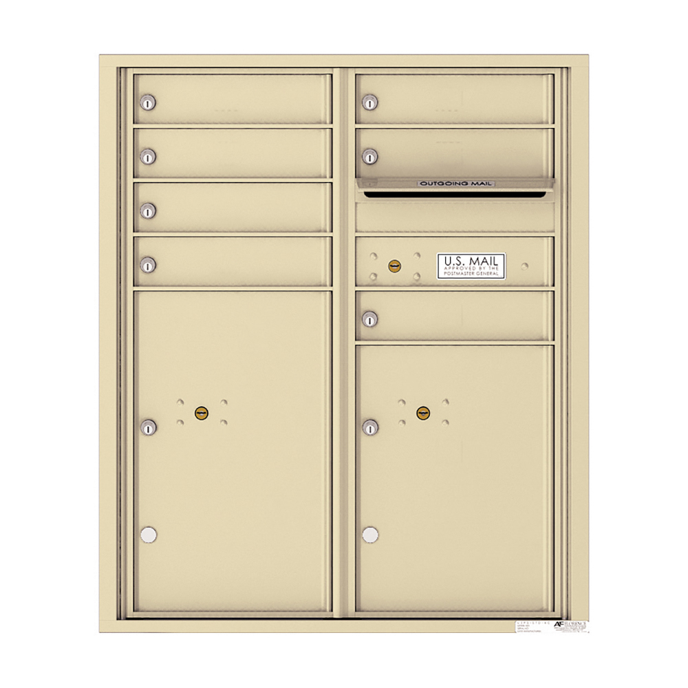 Beige multi-unit mailbox with labeled compartments and outgoing mail slot.