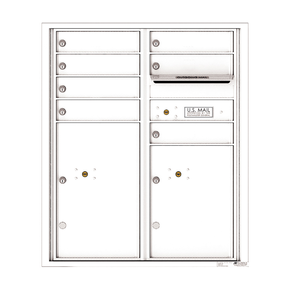 White multi-unit mailbox with individual locks and an outgoing mail slot.