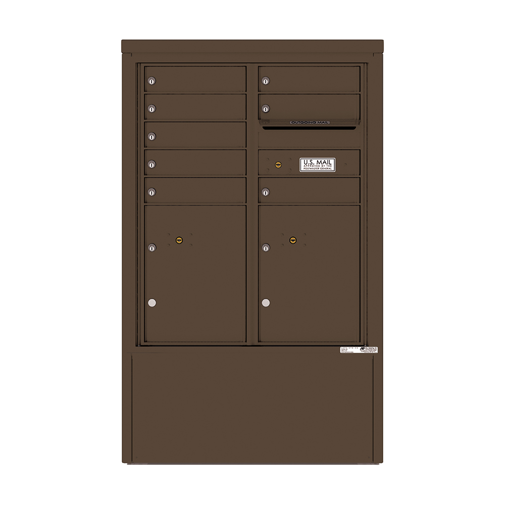 Brown multi-unit mailbox with multiple compartments and a U.S. Mail label.