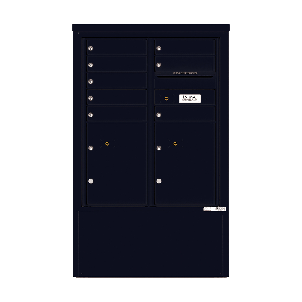 Black multi-unit mailbox with multiple compartments and a U.S. Mail label.