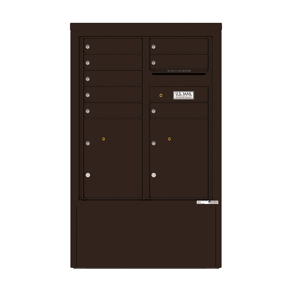 Dark brown multi-unit mailbox with several compartments and a U.S. Mail label.