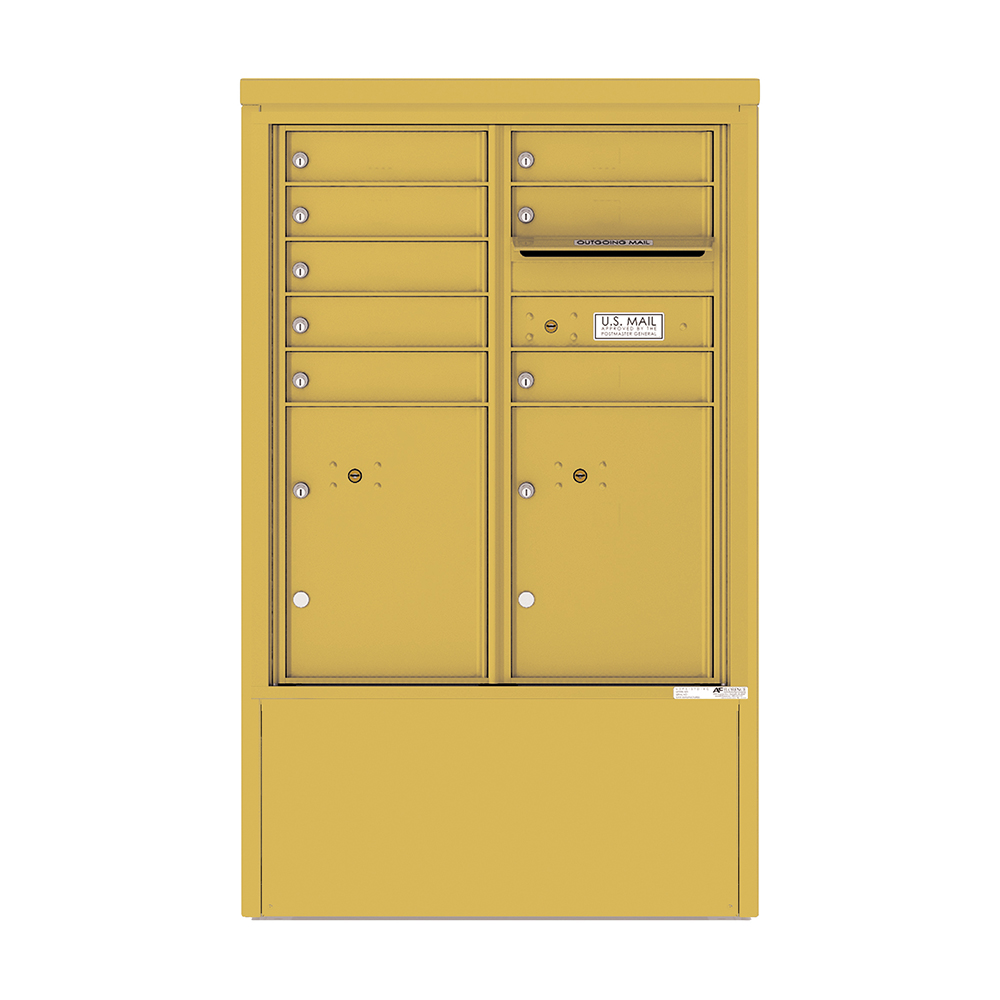 Yellow multi-unit mailbox with several compartments and a U.S. Mail label.