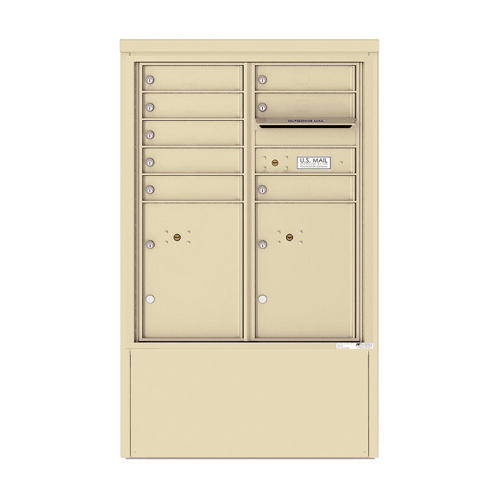Beige multi-unit mailbox with individual compartments and outgoing mail slot.