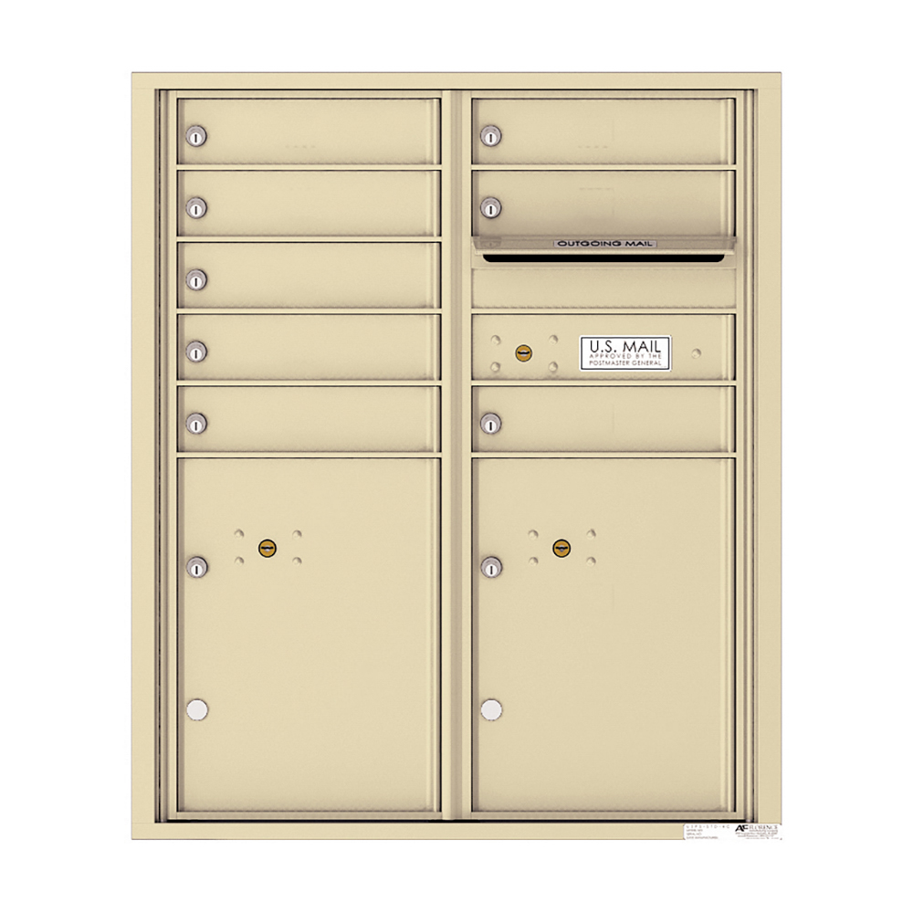 Beige wall-mounted USPS mailbox unit with multiple compartments and an outgoing mail slot.
