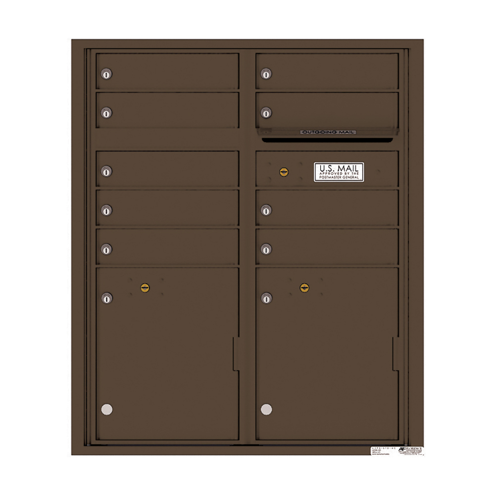 Brown multi-unit mailbox with individual locked compartments and outgoing mail slot.