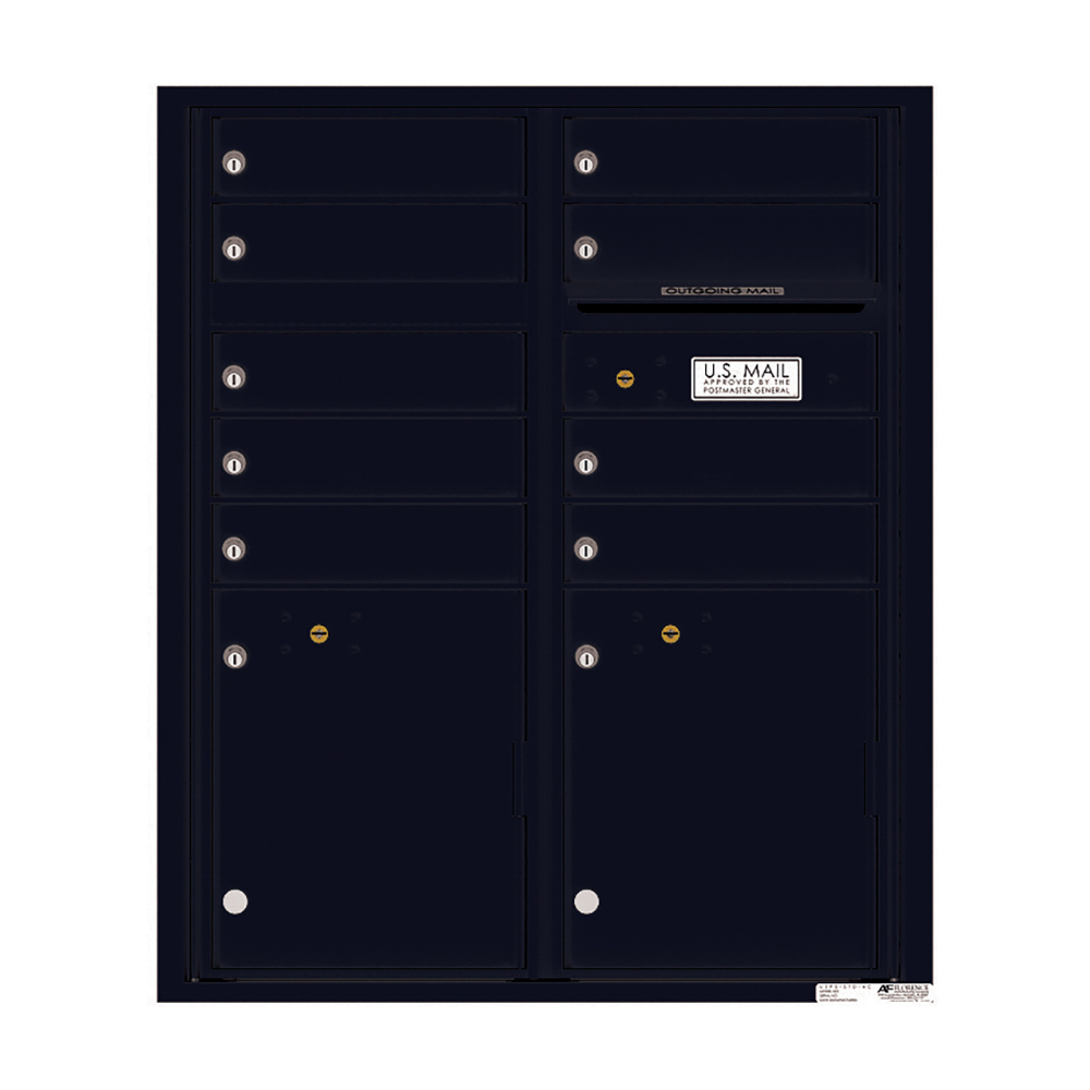 Black wall-mounted USPS-approved mailbox unit with multiple compartments and locks.
