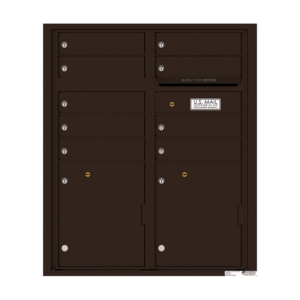 Dark brown wall-mounted multi-unit mailbox with individual locks and U.S. Mail label.