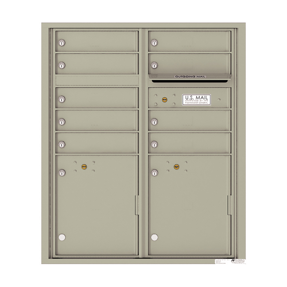 Tan wall-mounted cluster mailbox with multiple compartments and outgoing mail slot.