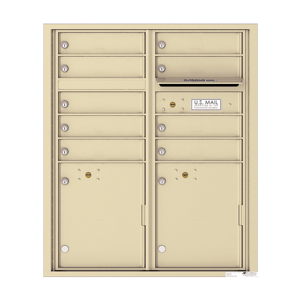 Beige wall-mounted cluster mailbox with multiple compartments and outgoing mail slot.