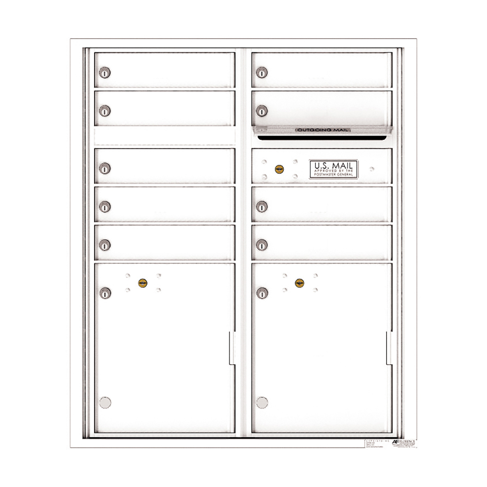 Wall-mounted white metal mailbox unit with multiple compartments and locks.