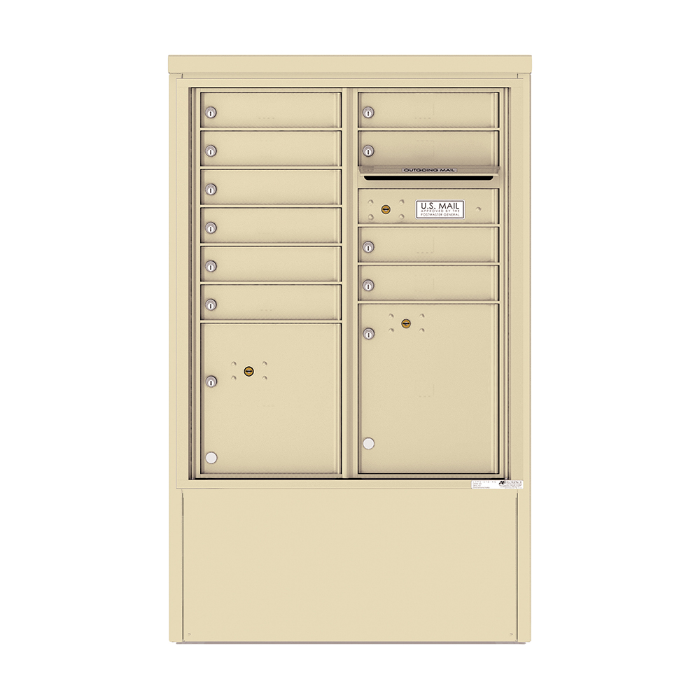 Tan multi-unit mailbox with multiple compartments and a U.S. Mail label.
