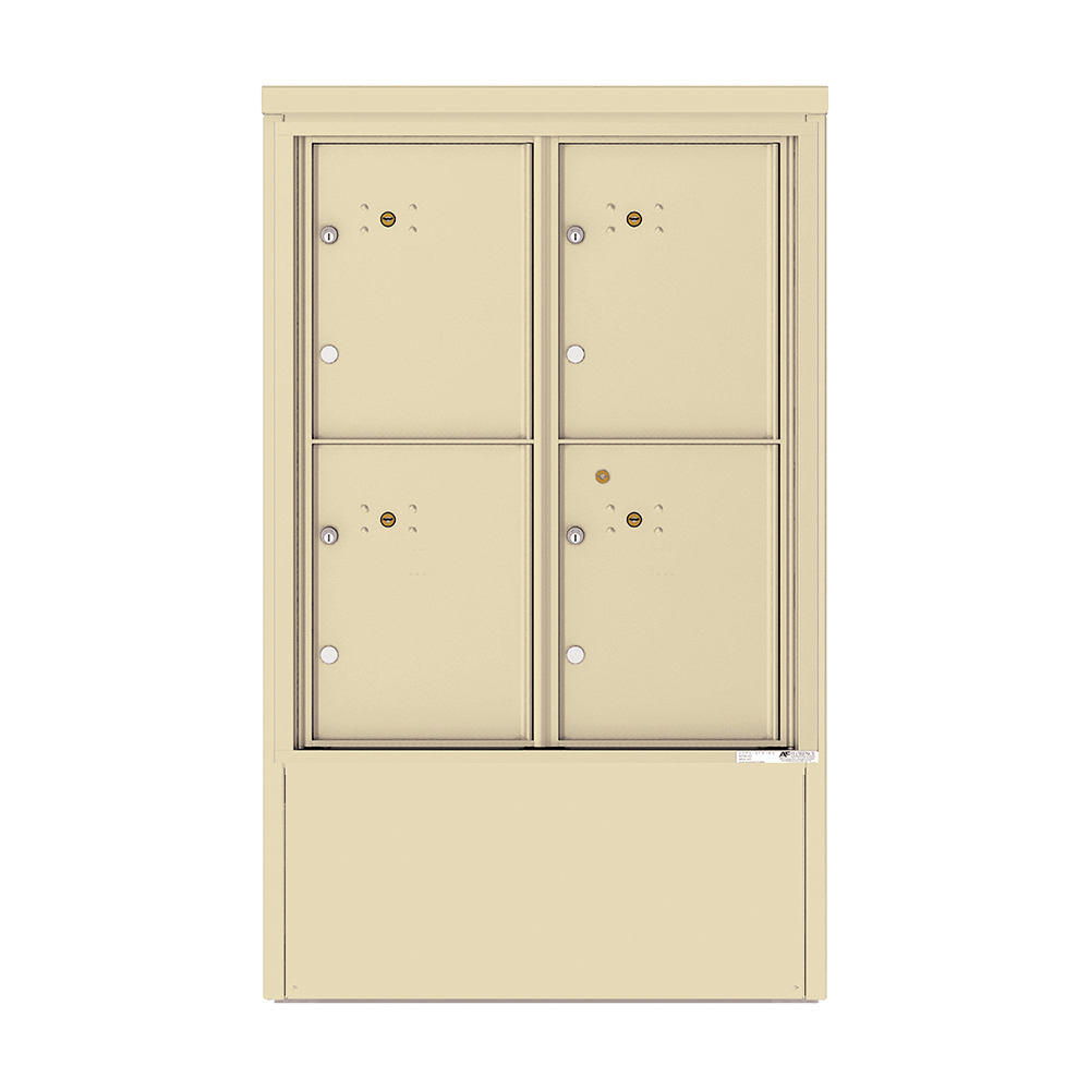 Beige four-door metal mailbox unit with locks and keyholes.