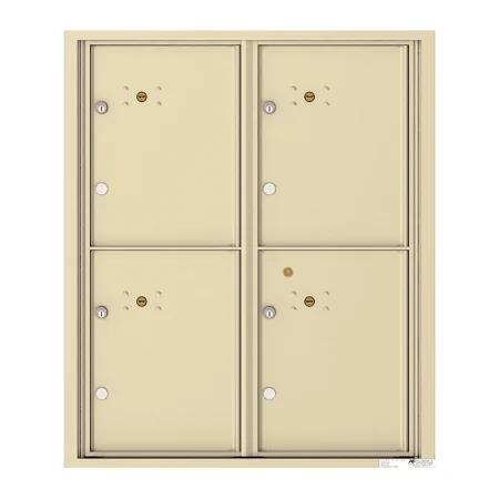 Four beige metal mailbox compartments with locks and keyholes.