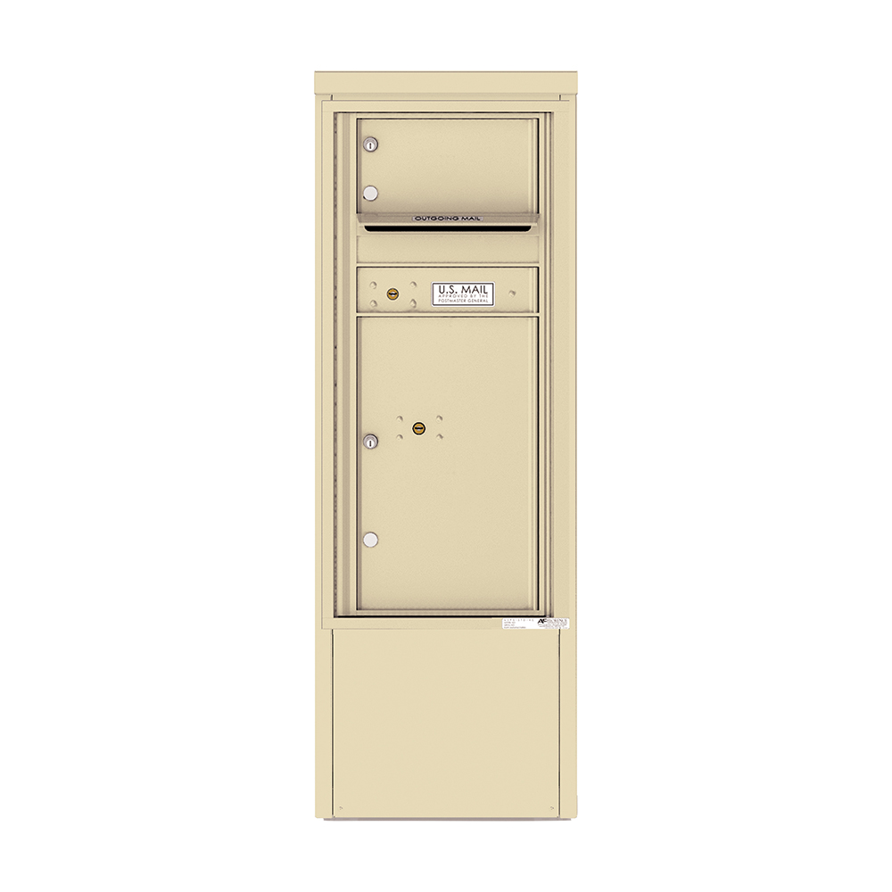 Beige vertical mailbox with outgoing mail slot and U.S. Mail label.