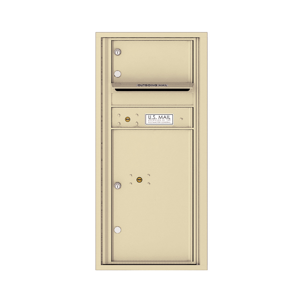 Beige wall-mounted mailbox with outgoing mail slot and U.S. Mail label.
