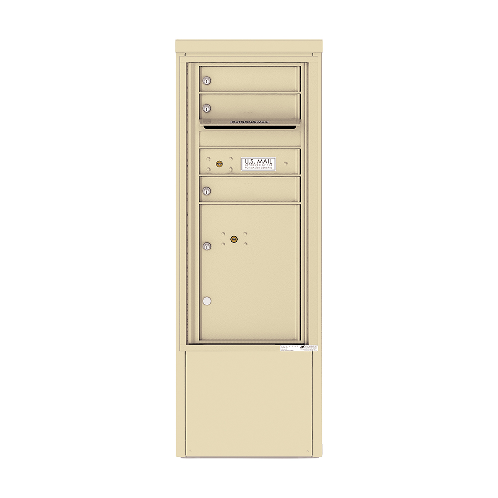 Beige outdoor mailbox unit with multiple compartments and outgoing mail slot.