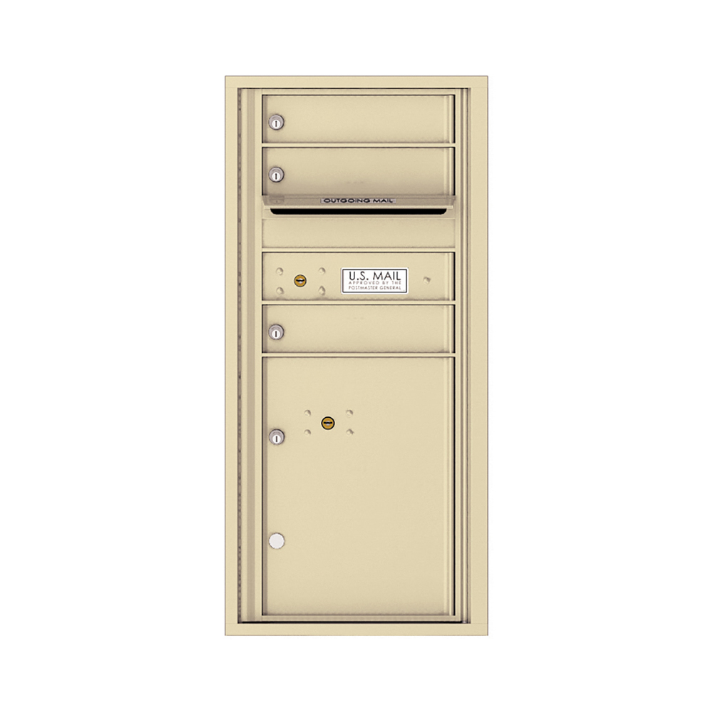 Beige wall-mounted USPS mailbox with multiple compartments and locks.