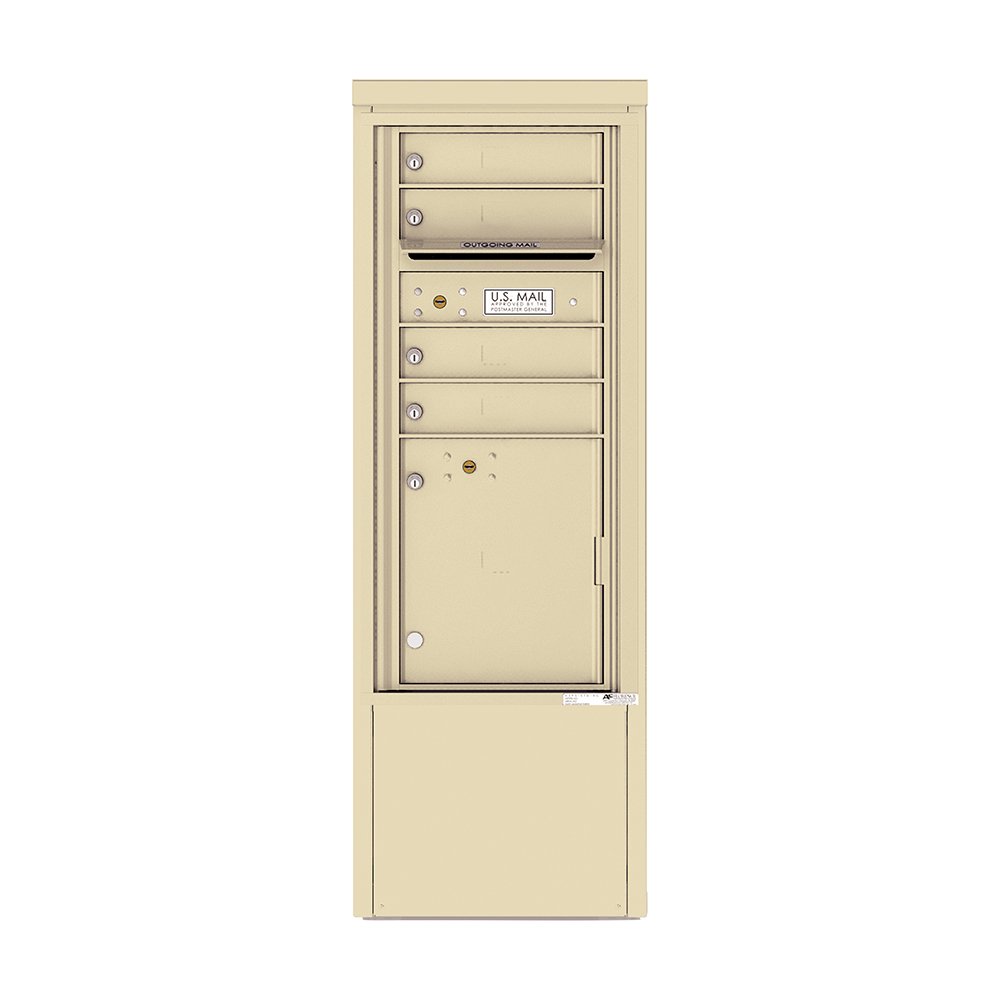 Beige multi-unit mailbox with labeled compartments and locks.