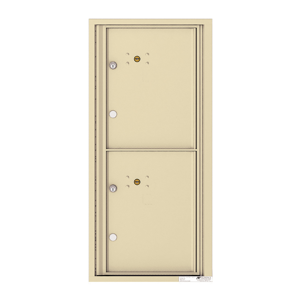Beige two-door wall-mounted mailbox with key locks and label holder.