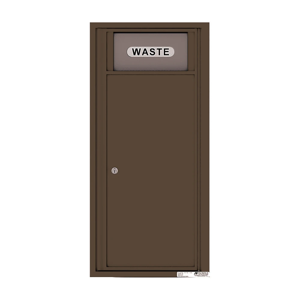 Brown wall-mounted waste receptacle with a lockable door and "WASTE" label on top.