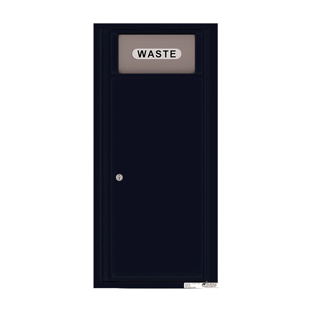 Black waste disposal door with a silver "WASTE" label and a keyhole.