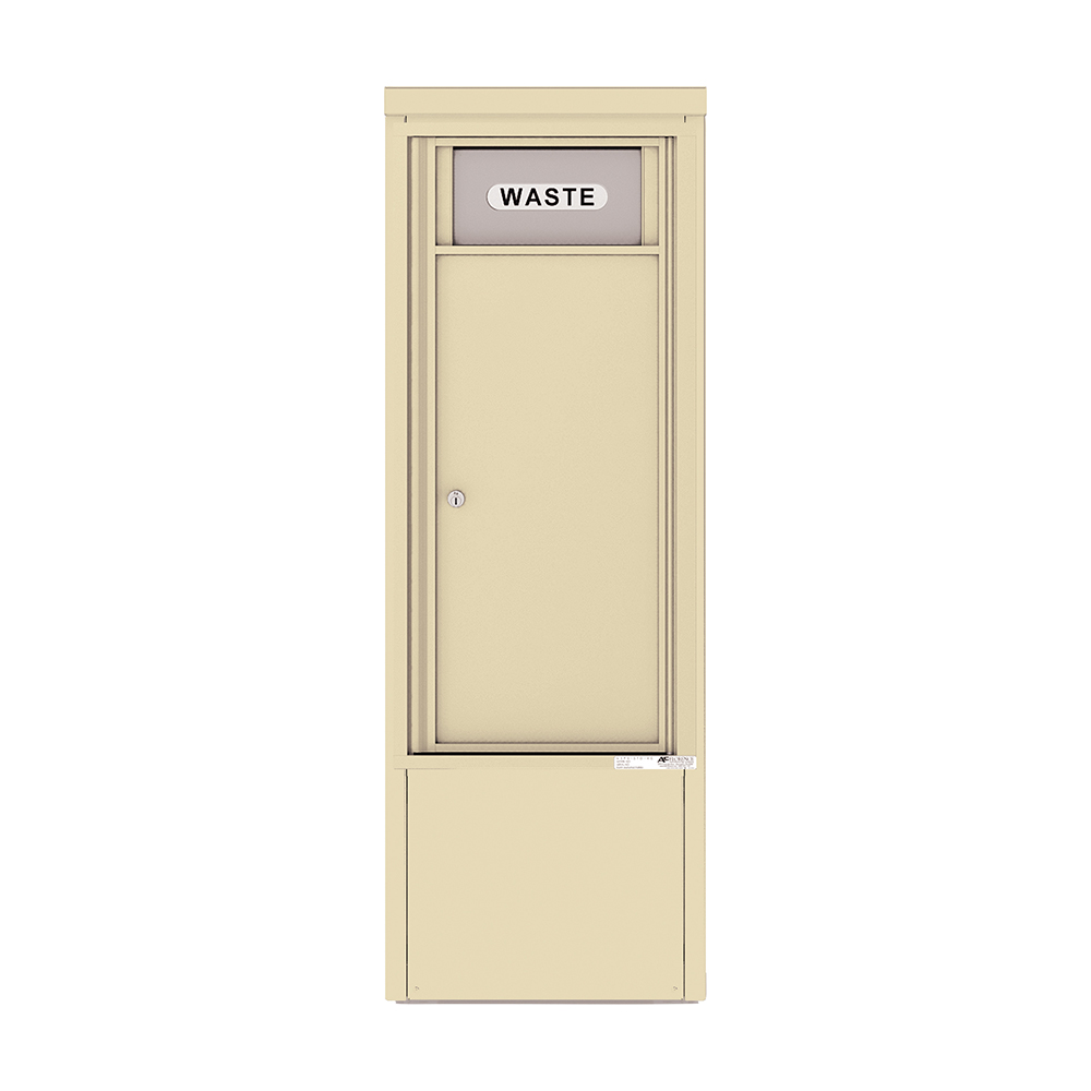 Beige metal waste disposal unit with a lockable door and "WASTE" label on top.