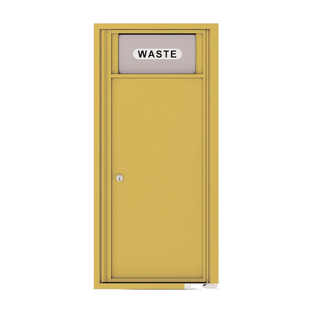 Yellow metal waste disposal door with lock and "WASTE" label on top panel.