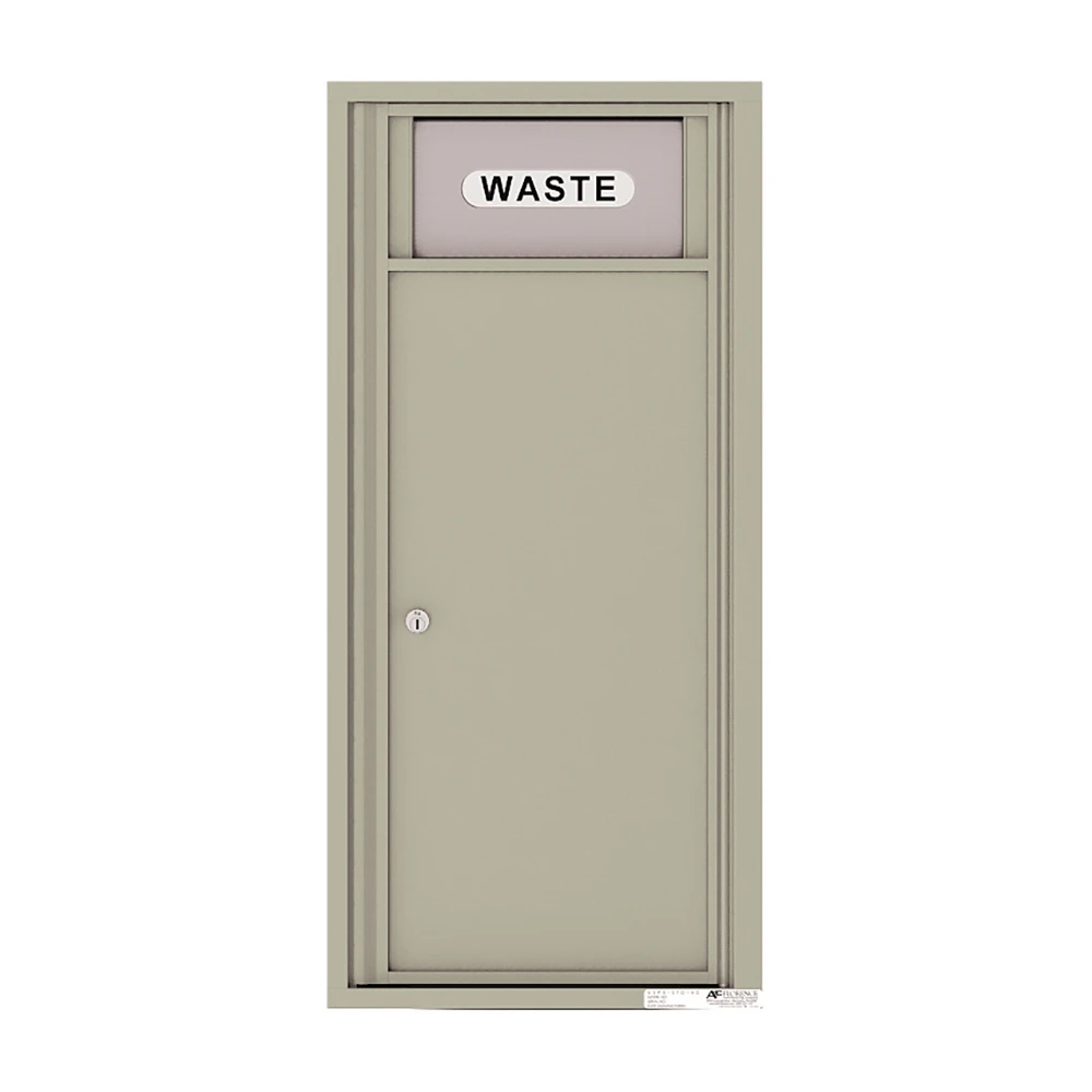Beige wall-mounted waste disposal unit with lockable door and "WASTE" label.