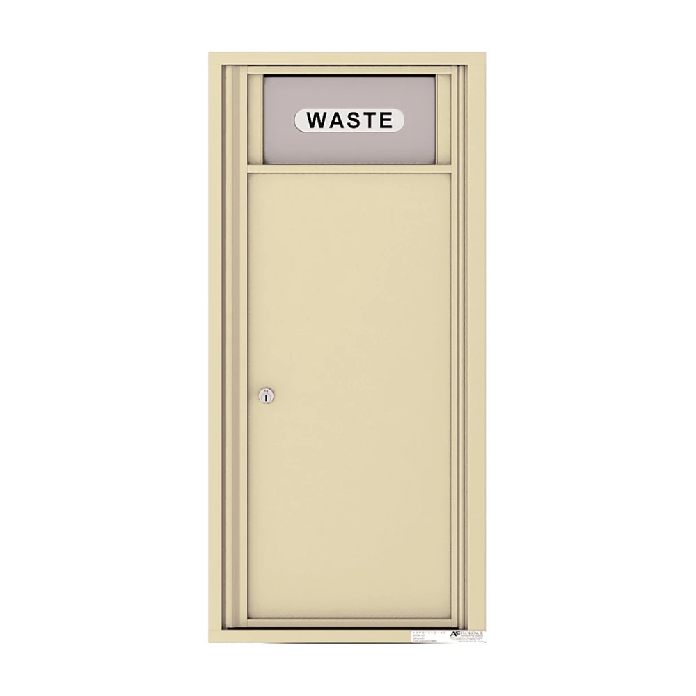 Beige wall-mounted waste disposal unit with lockable door.