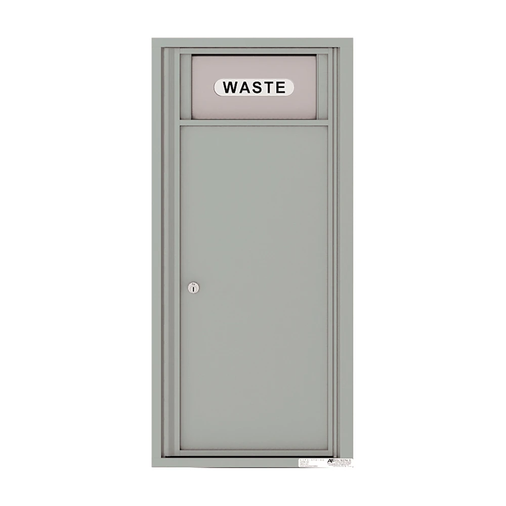 Gray metal waste disposal door with lock and "WASTE" label at the top.