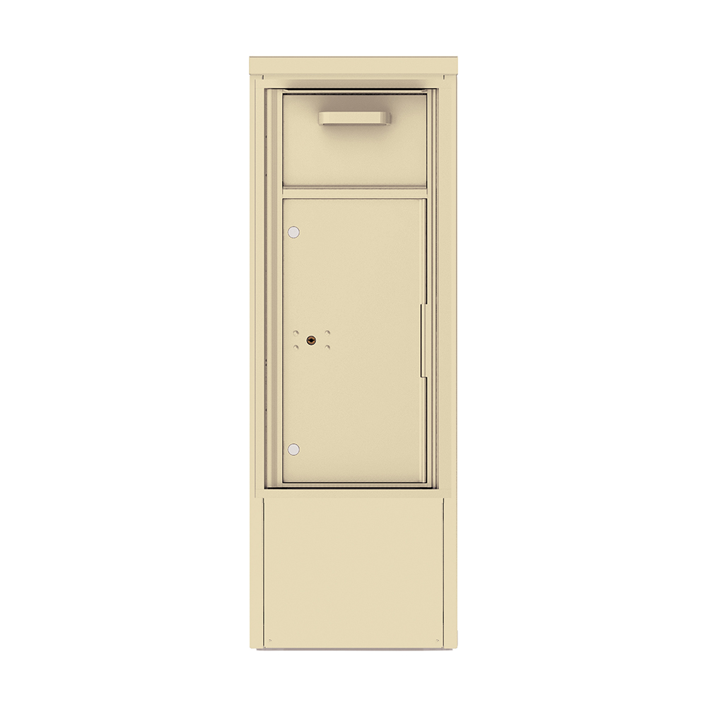 Beige vertical mailbox with parcel compartment and mail slot.