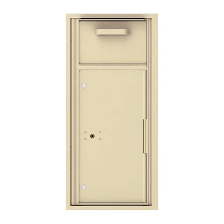 Beige wall-mounted mailbox with mail slot and lockable compartment.