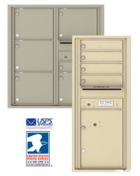 USPS-approved cluster mailbox units with multiple compartments and postal service logos.
