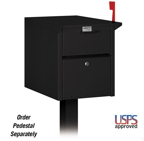 Black USPS-approved mailbox with red flag and lockable lower compartment.