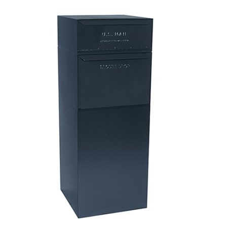 Black metal parcel drop box with mail slot and secure compartment.
