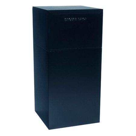 Black outdoor parcel drop box with a sleek, rectangular design and a top lid.