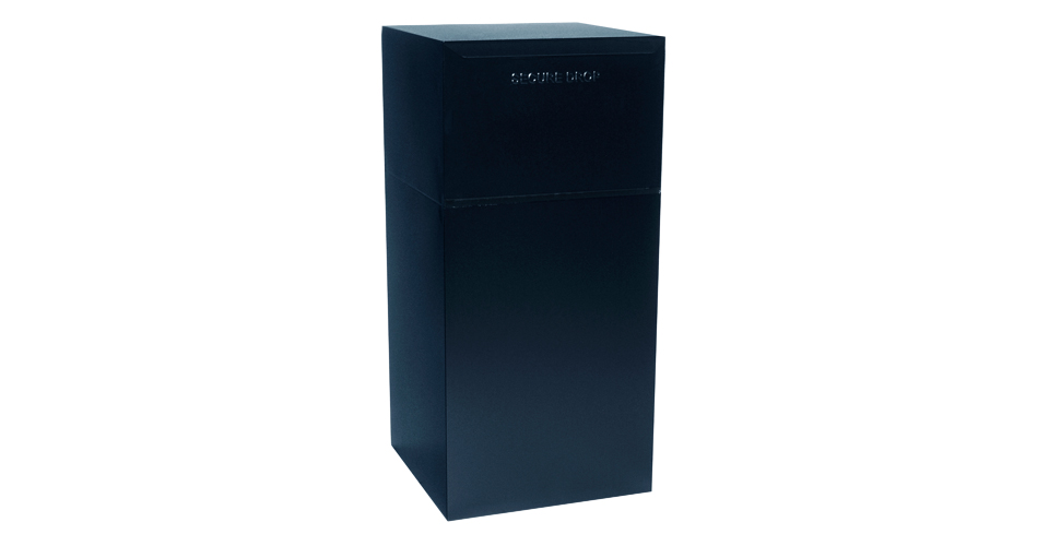 Black outdoor parcel drop box with a sleek, rectangular design and a top lid.