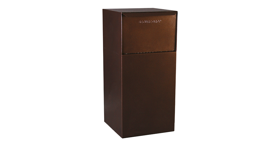 Brown Secure Drop parcel box with a textured finish and a top compartment.