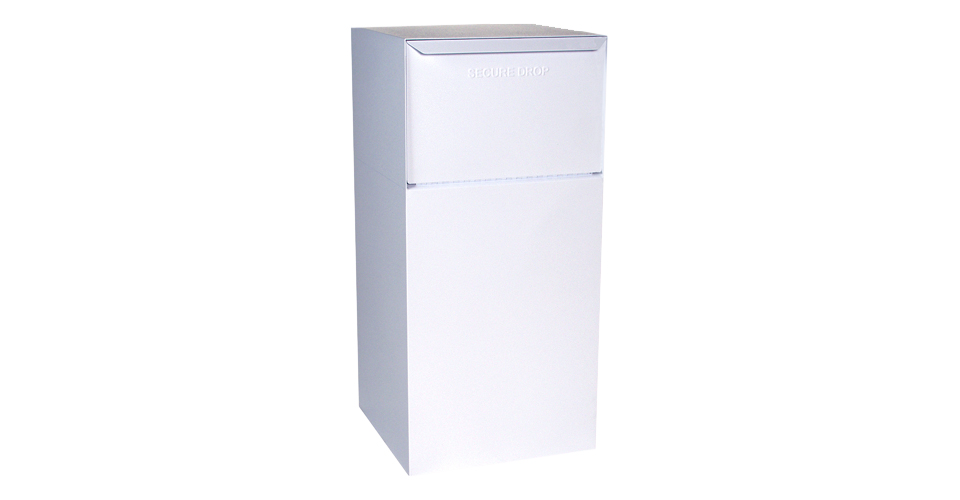 White Secure Drop mailbox with a sleek, minimalist design and two compartments.