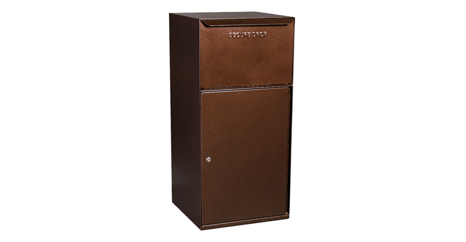 Brown metal secure drop box with a top mail slot and a lower door.