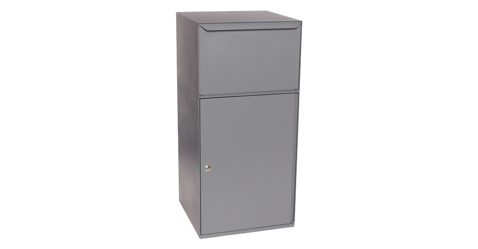 Gray metal parcel drop box with a top mail slot and a lockable lower compartment.