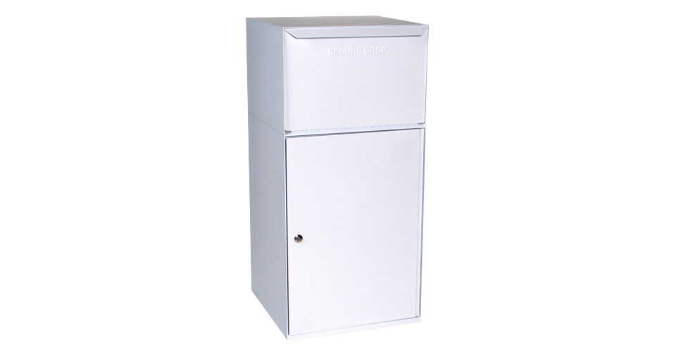 White secure drop box with a top slot and lockable lower compartment.