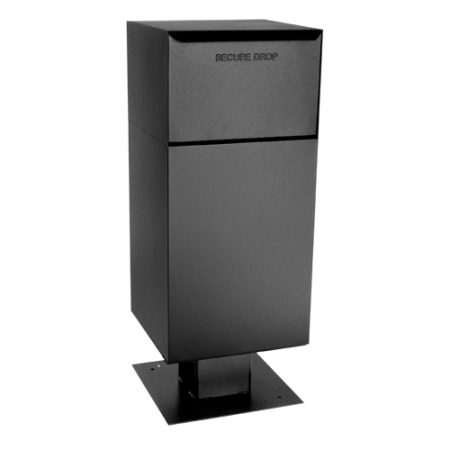 Black metal secure drop box with a flat base and hinged top.