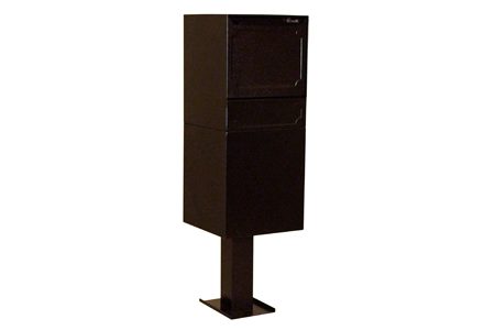 Black freestanding mailbox with dual compartments on a pedestal stand.