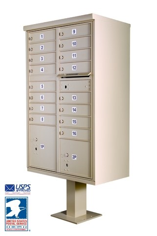 F181570-16 Beige USPS-approved cluster mailbox on pedestal with numbered compartments.